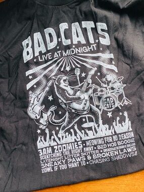 Cat Lady Box Black & White BAD CATS LIVE AT MIDNIGHT Tee - Size Medium